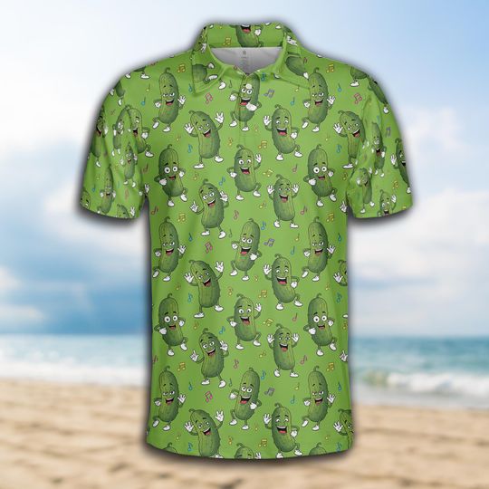 Dancing Pickle Polo Shirt, Quirky Green Pickle Short Sleeve Shirt With music nout