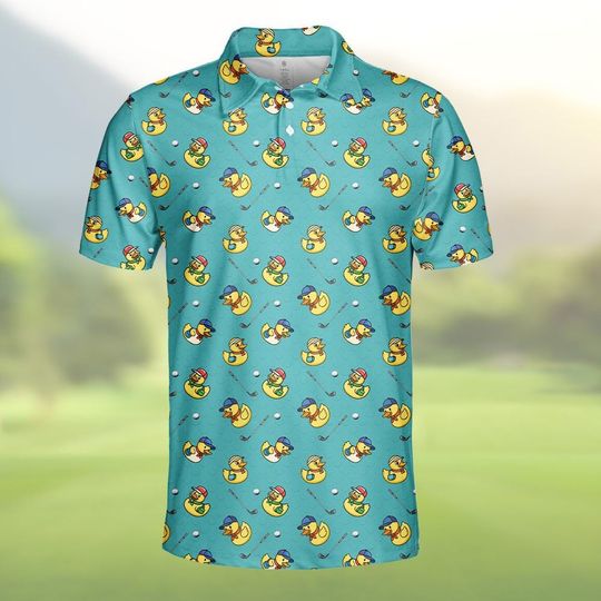 Funny Duck Golf Polo Shirt, Cute Cartoon Duck Golfer Shirt Button Up