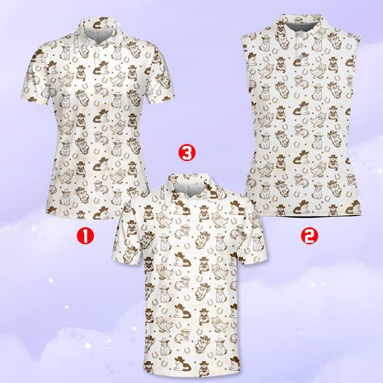 Cute Cowboy Cat Polo Shirt for Women & Men, Western Cowgirl Kitty Print Top