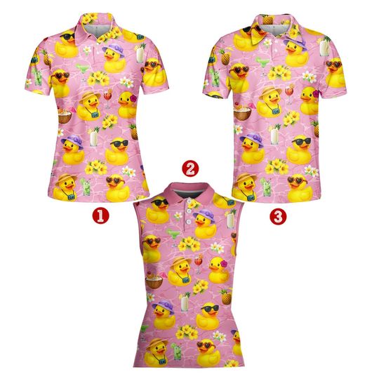 Pink Duck Polo Shirt, Retro Neon Sleeveless Golf Polo, Summer Vibe Rubber Duck