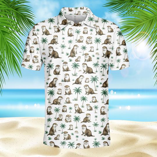Otter Polo Golf Shirt, Cute Otter Beach Shirt Button Up, Tropical Polo for Summer