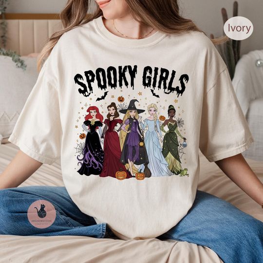 Princess Spooky Girls Halloween T-Shirt, Disneyworld Princess Witch Trick or Treat Tee, Rapunzel Snow White Elsa Girls Halloween Tee