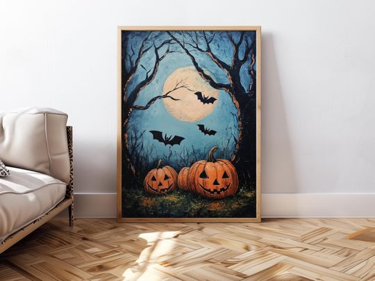 Vintage Halloween Painting Pumpkin Poster Spooky Wall Art Halloween