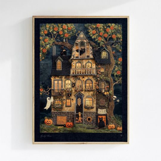 Spooky Haunted House Art Print, Victorian Halloween Poster