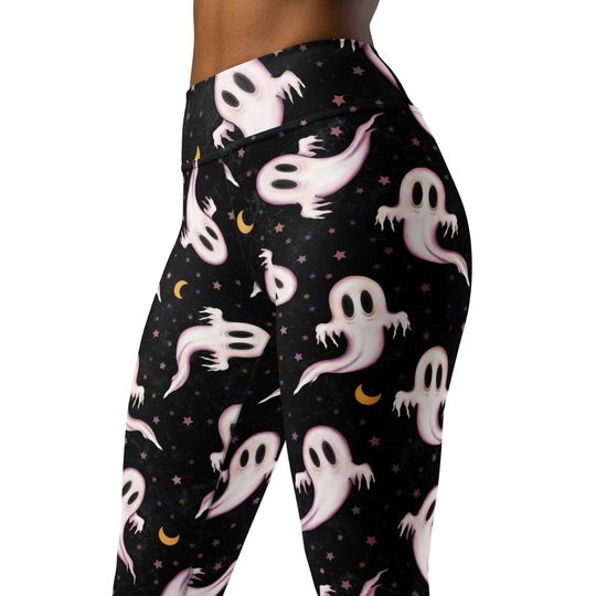 Halloween Leggings, Women Black Yoga Pants with Ghost Pattern Gothic, Sports Leggings