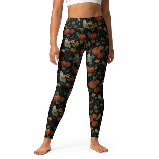 PUMPKIN GHOST Yoga Leggings, HALLOWEEN Leggings, Botanical Leggings, Cute Ghost Leggings