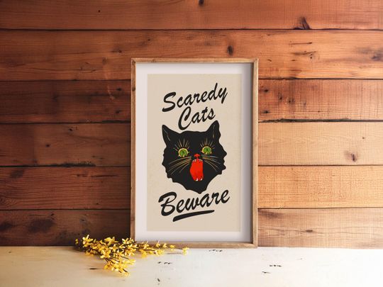 Retro Halloween Art Print Scaredy Cat Poster Kitchen Wall Art Halloween