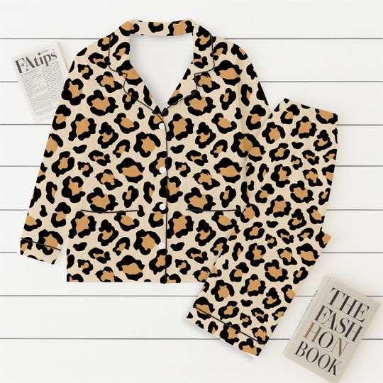 Leopard Pajamas Set, Animal Loungewear, Beige And Black Homewear, Cozy Sleepwear