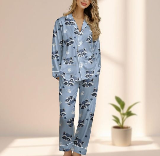Cute Raccoon Face Satin Pajamas Set, Funny Animal Print Sleepwear, Blue Cozy Button Up Pjs