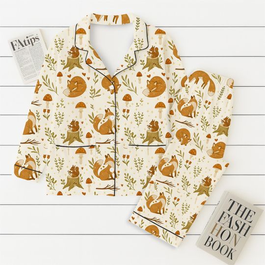 Fall Fox And Squirrel Pajamas Set, Cozy Autumn Forest Pjs, Woodland Animal Sleepwear