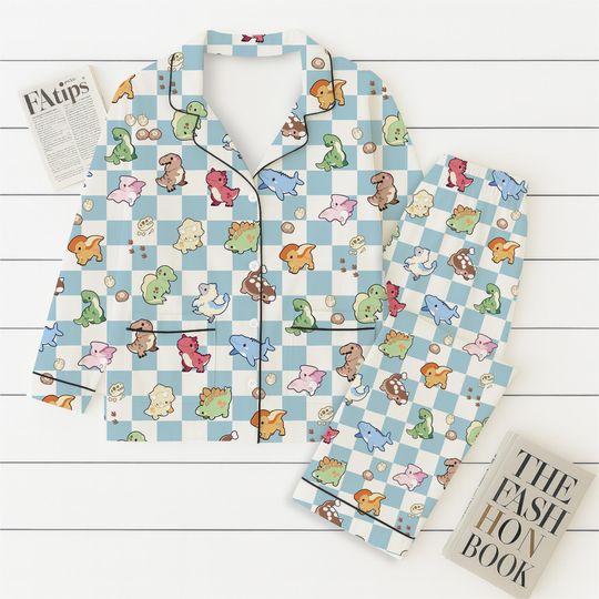Cute Dinosaur Pajamas Set, Cute Animal Checkerboard Sleepwear, Cartoon Dino Nightwear