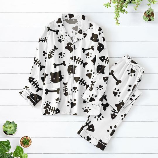 Funny Cat And Fish Skeleton Pajamas Set, Black Cat Halloween Lover Matching Pajamas Set