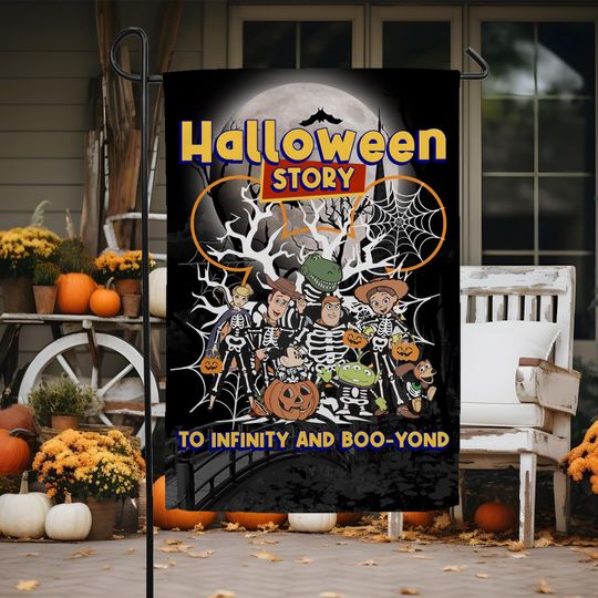 Toy Story Skeleton Halloween Garden Flag, Spooky Season Disney Halloween Flag, Woody Buzz Lightyear Jessie Halloween Gift Decor