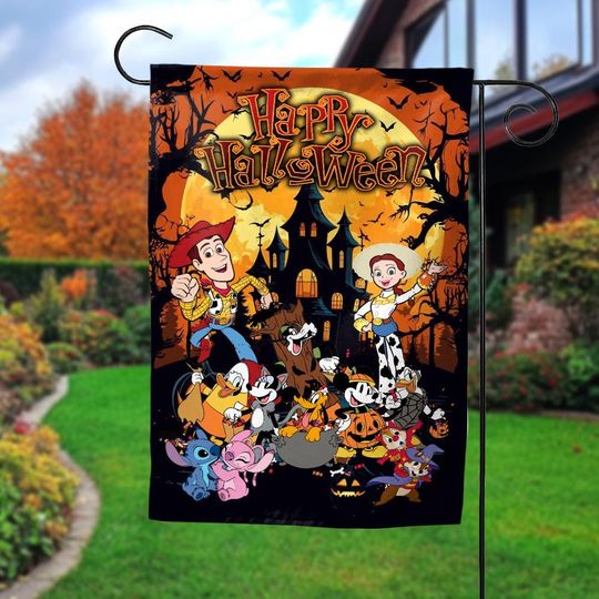 Toy Story Skeleton Halloween Garden Flag, Spooky Season Disney Decor, Woody Buzz Lightyear Jessie Halloween Outdoor Flag