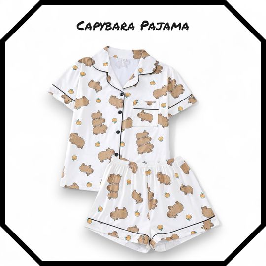 Capybara Silk Pajama Set, Cute Animal Print Short Sleeve Sleepwear, Soft Nightwear Gift