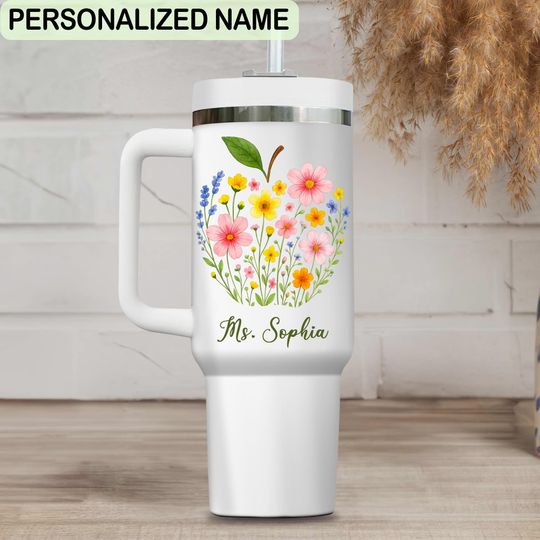 Custom Teacher Appreciation 40oz Tumbler Keepsake Gift, Custom Name Teacher Floral Flowers