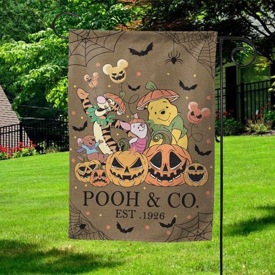 Vintage Winnie The Pooh Halloween Garden Flag, Pooh & Co Est 1926 Flag, Pooh and Friends Halloween Flag, Pooh Pumkin Flag AXGN12