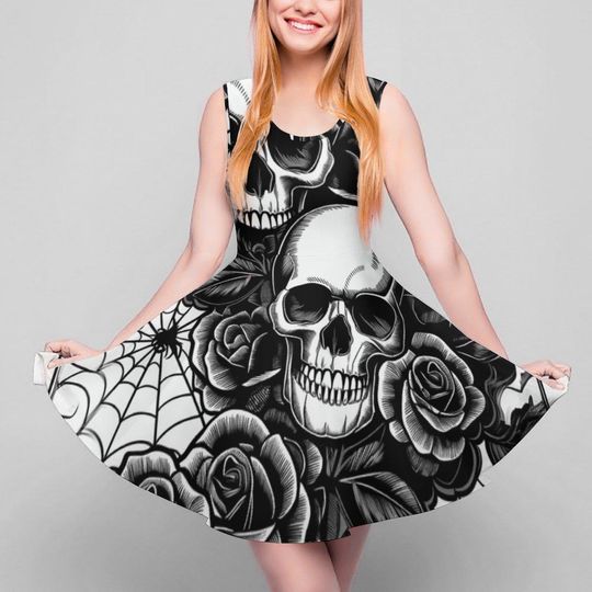 Black Gothic Skater Dress with Skull and Rose Print Halloween Aesthetic Clothing