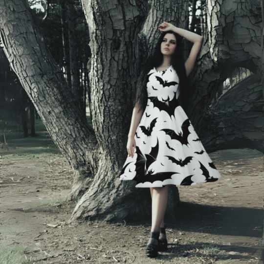 White Bat Halloween Skater Dress for Women with Black Bat Print