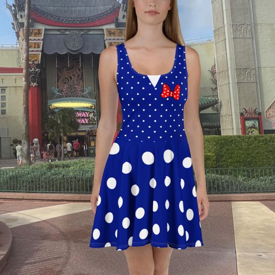 Dark Blue and White Polkadot Skater Dress, Fit and Flare Midi Dress