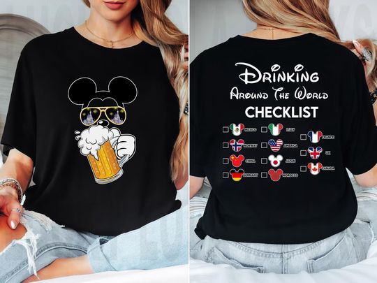 Mickey Beer Minnie Wine Disney Couple Shirt, Drinking Around The World Checklist Inspiration Epcot Food and Wine Fest
