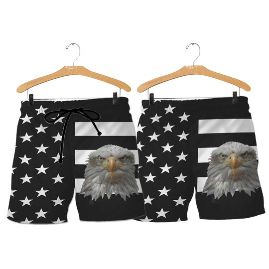 Patriotic Eagle American Flag Short For Men, Black And White Usa Swim Trunks, 4Th Of July Bold Vacation Beach Short, Gift For Him