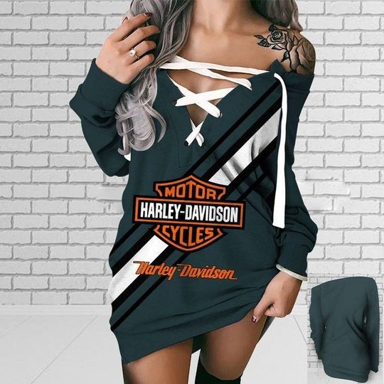 Haarleyy Davidson V-Neck Lace Up Sweatshirt Dress Gift Multi Color