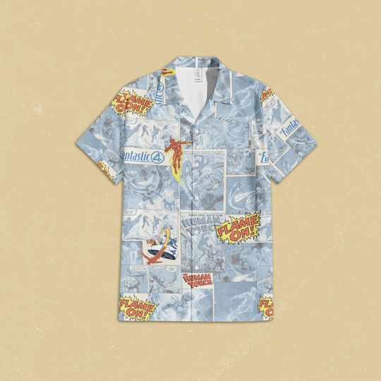 Human Torch Fantastic Four Hawaiian Shirt, Marvel Comics Button Up Shirt, Fantastic Four First Steps Disney Trip Hawaiian Shirt