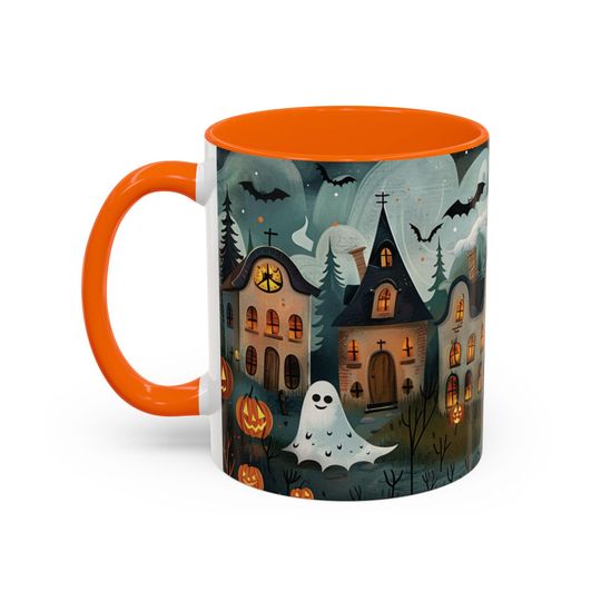 Halloween-Themed Accent Coffee Mug, Spooky House Design, Seasonal Kitchenware, Autumn Gift