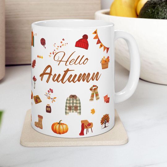 Hello Fall Autumn Pumpkin Cozy season mug, Harvest vintage Autumn Fall Pumpkin pattern mug