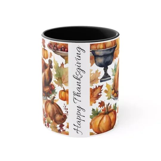 Watercolor Thanksgiving Turkey Pumpkin Autumn Leaves Color Accent Mug cup