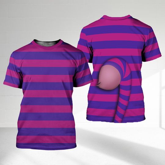 Cheshire Cat Purple Blue Stripe Cat Halloween 3D Shirt, Halloween Costume Family Group T Shirt, Mysterious Cat Character Cosplay Costume Tee