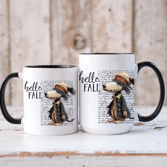 Hello Fall Cute Dog on Vintage Accent Mug, Cute Spooky Season Autumn Gift,