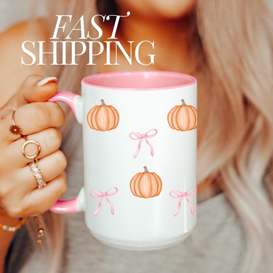 Fall Coquette Bow and Pumpkin Mug Gift Idea for Coffee Lover Autumn Home Decor Holiday Mug