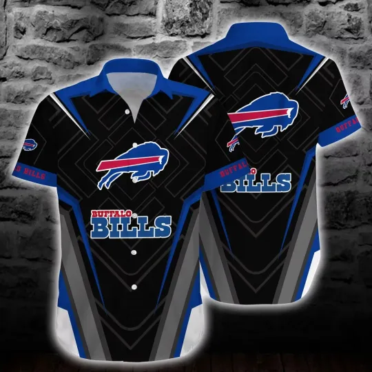 Buffalo B.i.l.l.s Black and Blue Geometric Hawaiian Shirt, Gift for Fan