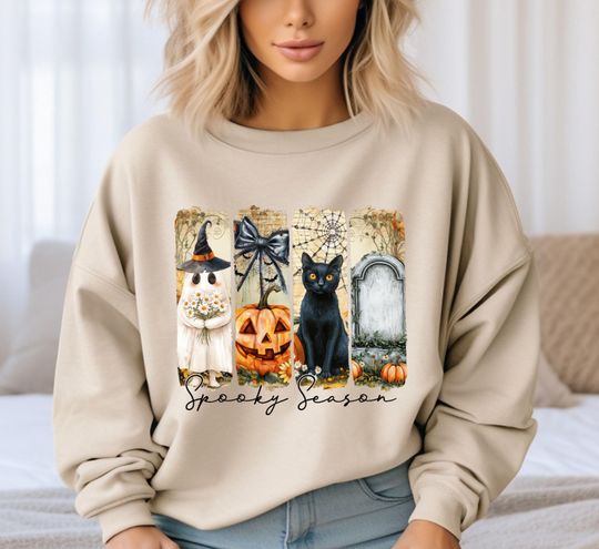 Vintage Halloween Sweatshirt, Pumpkin Cat Sweatshirt, Spooky Season Sweatshirt, Halloween Gift, Halloween Cat Sweatshirt
