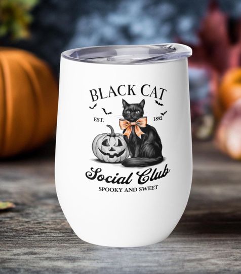Black Cat Soociial Clubb Wine Tumbler, Cute Halloween Drinkware with Pumpkin