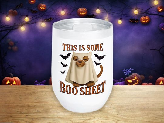 Funny Halloween Wine Tumbler, Boo Sheet Cat Ghost Cup, Cute Halloween Gift
