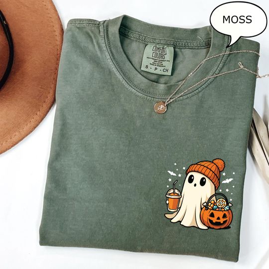 Comfort Colors Pocket Ghost T-Shirt, Pumpkin Latte, Halloween Gift, Cute Ghost Shirt