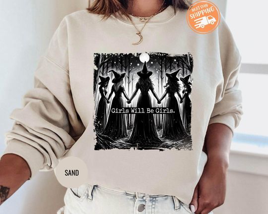 Vintage Girls Will Be Girls Witch Sweatshirt, Witchy Vibes Sweatshirt, Vintage Halloween Women Hoodie, Funny Witch