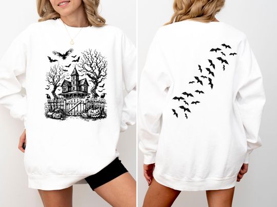 Retro Halloween Double Sided Sweatshirt, Haunted Mansion Sweatshirt, Bats Sweatshirt, Spooky Season, Halloween Gift