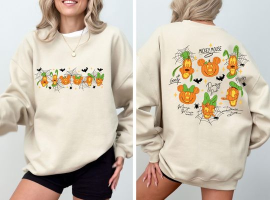 Vintage Disney Halloween Pumpkin Double Sided Sweatshirt, Mickey And Friends Halloween Sweatshirt, Disney Family Halloween Sweatshirt