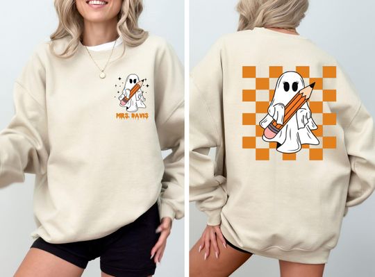 Custom Teacher Halloween Sweatshirt, Checkered Ghost Sweatshirt, Fall Teacher Sweatshirt, Spooky Teacher Sweatshirt, Personalized Sweatshirt