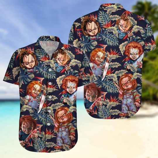 Chucky Horror Hawaiian Shirt, Creepy Button Shirt, Tropical Slasher Shirt