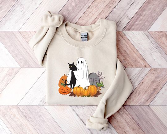 Halloween Cat Pumpkin Sweatshirt, Vintage Halloween Sweatshirt, Cute Cat Sweatshirt