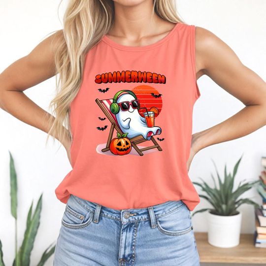 Summerween Tank Top, Skeleton Spooky Tee, Girly Summer Beach Vibes Halloween Skeleton Shirt