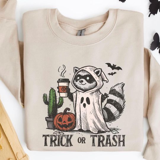 Trick or Trash Raccoon Halloween Sweatshirt, Retro Raccoon Sweater, Women's Spooky Sweatshirt, Racoon Lover Sweatshirt
