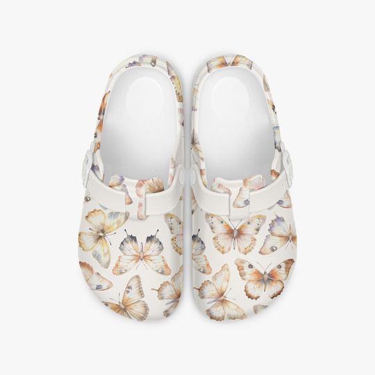 Beige Women's Butterfly Pattern Slip-On Clogs for Work, Garden, and Leisure