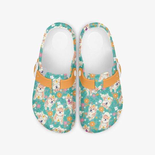 Shiba Inu Clogs for Women, Colorful Slip-On Mules with Dog Motif, Nursing and Work Clogs, Kawaii Style, Animal Lover Gift