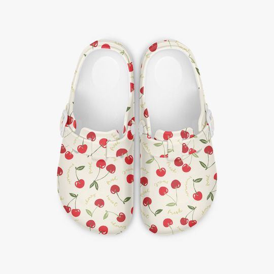 Women's Garden Clogs with Cherry Pattern, Rubber Slip-On Shoes for Gardening and Summer Use